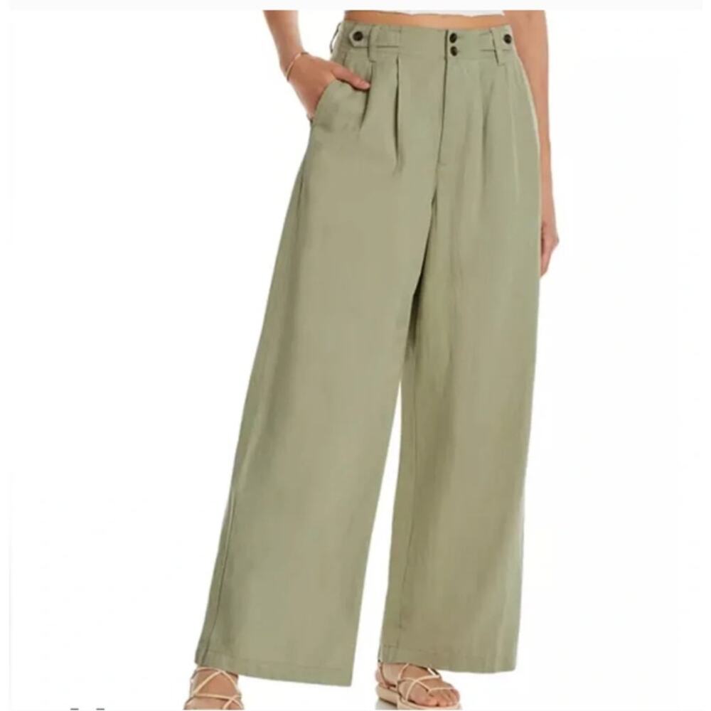 Madewell Harlow Wide Leg Pants Green Linen Blend High Rise Size 4